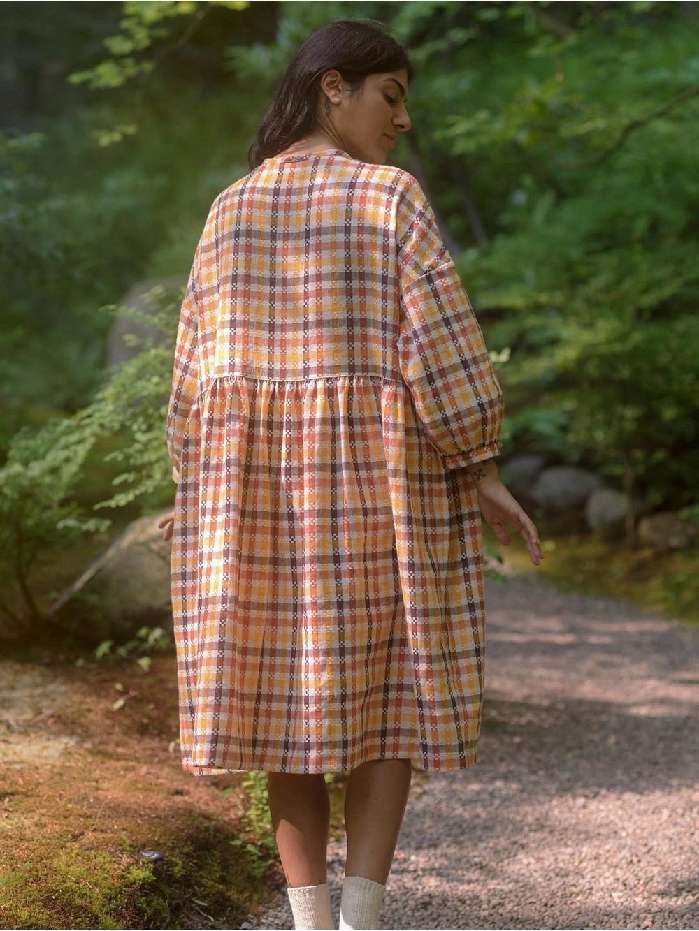 Beaton Linen Women's Plaid House Dress | Button-Front Dress Medium Mustard - Picture 4 of 8